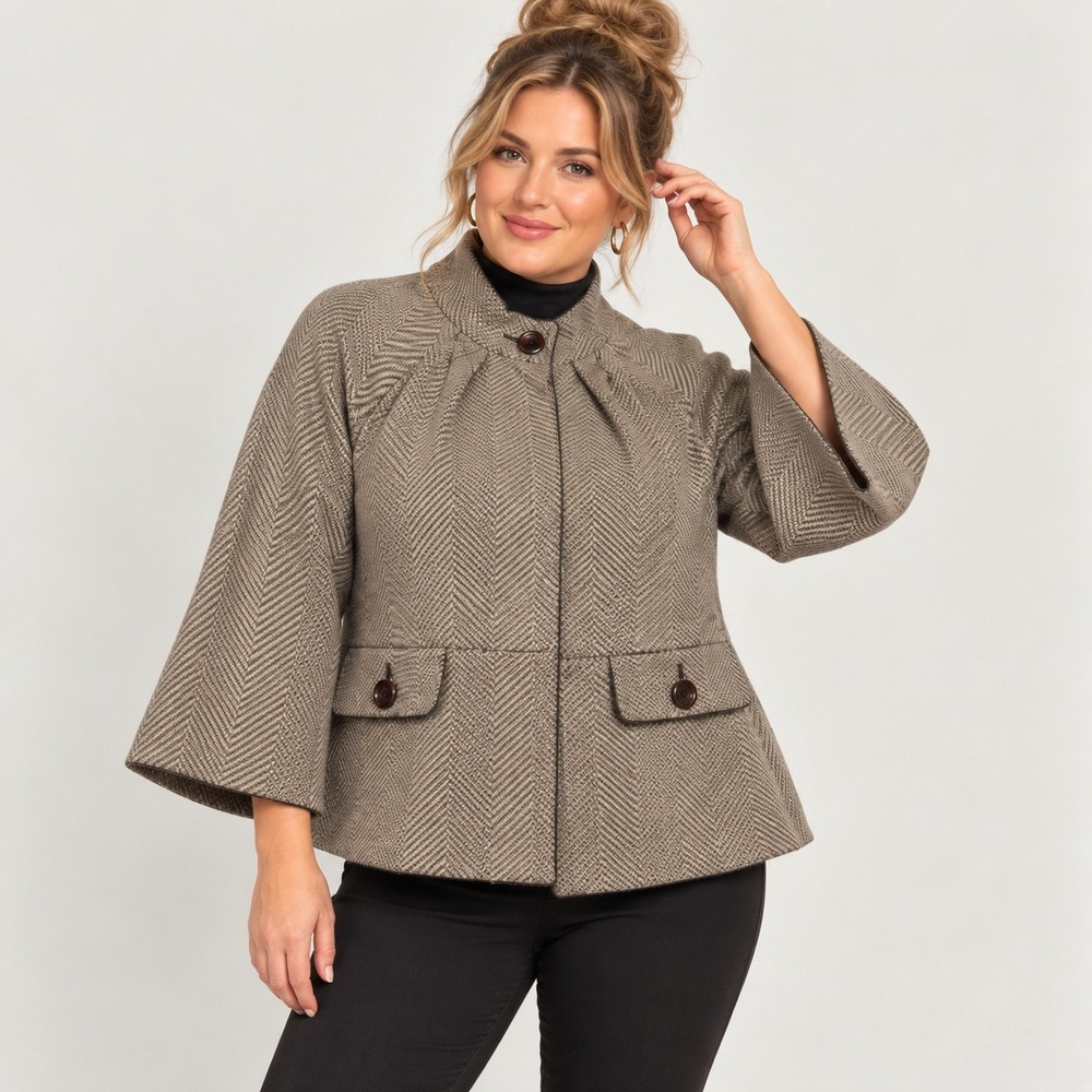 Jones New York Wool Herringbone Swing Jacket 10 Bell Sleeve Brown Blazer Retro